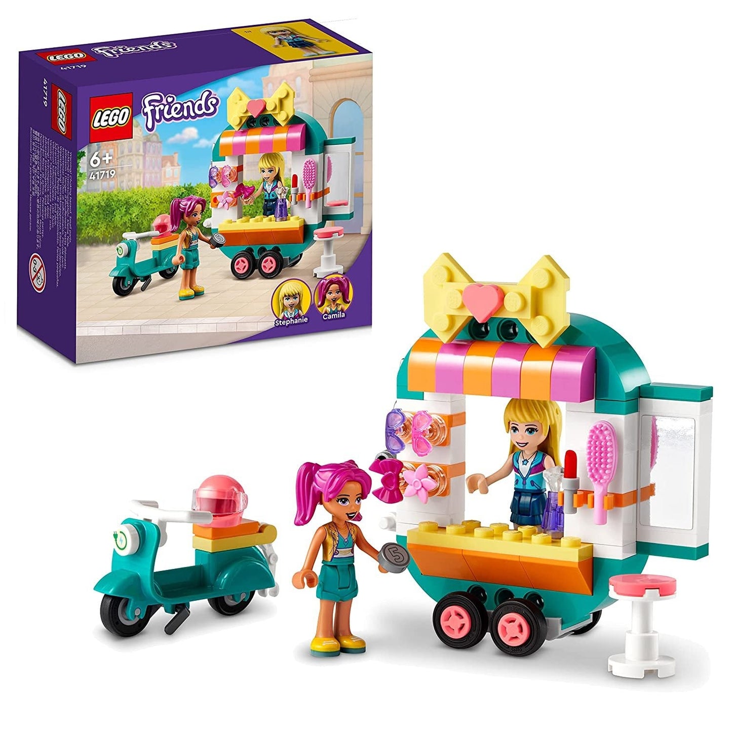LEGO Friends Mobile Fashion Boutique set with 94 pieces, featuring a mobile shop, fashion accessories, and mini-dolls for creative play.