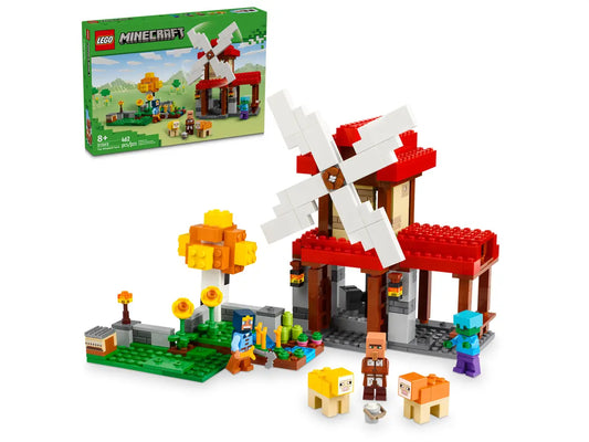 LEGO Minecraft 21262 The Windmill Farm set featuring a functional windmill, farm animals, and minifigures for immersive gameplay.


