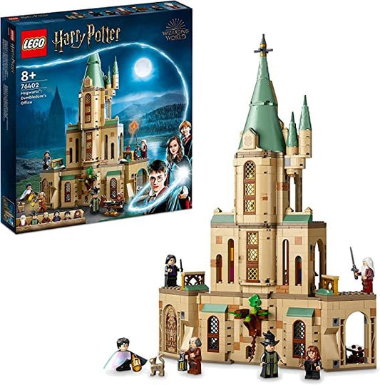 LEGO 76402 Hogwarts: Dumbledore’s Office set with 654 pieces, featuring Dumbledore’s office, library section, and 6 minifigures including Harry and Hermione.

