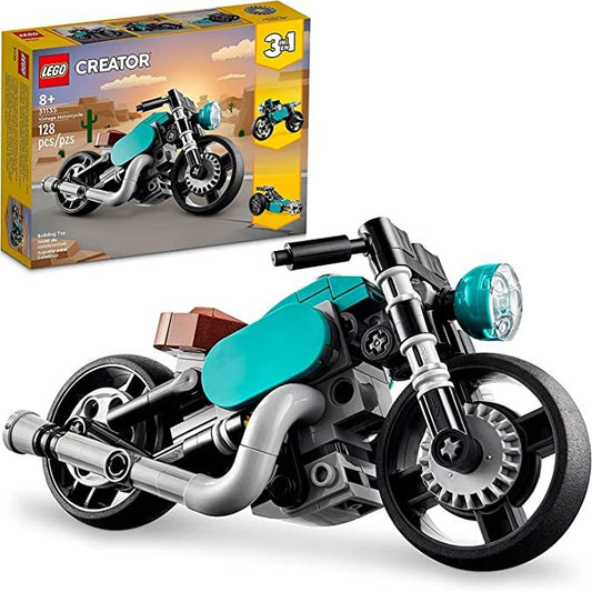 LEGO Creator 3-in-1 Vintage Motorcycle 31135 set, featuring build options for a classic bike, street bike, and dragster car.