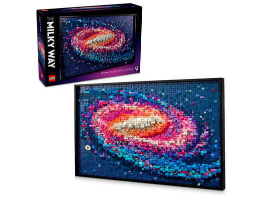 LEGO Art 31212 The Milky Way Galaxy set featuring a 3D depiction of the Milky Way with layered LEGO bricks, highlighting Trappist-1, The Pleiades, and The Crab Nebula.