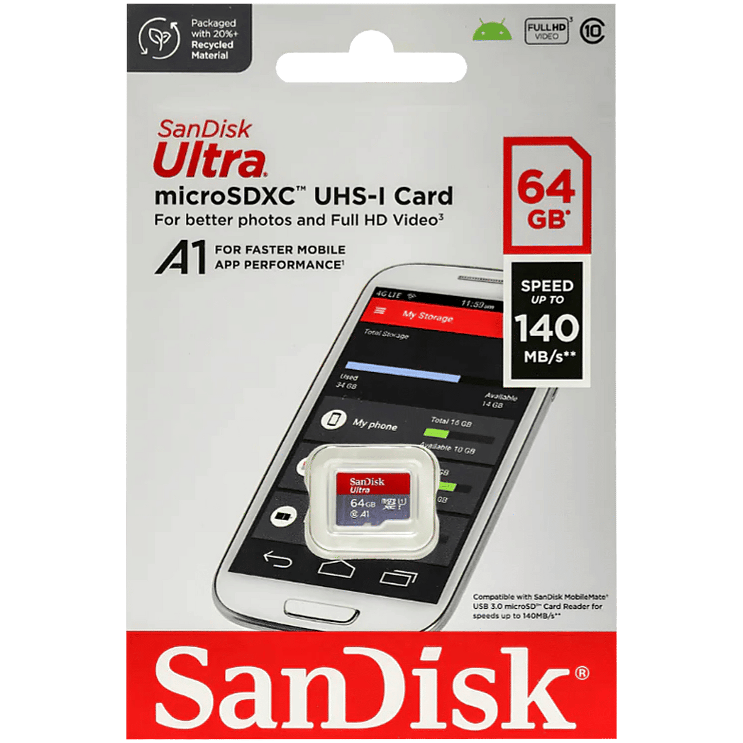 SanDisk Ultra 64GB microSDXC UHS-I, 140MB/s R, Memory Card, 10 Y Warranty, for Smartphones