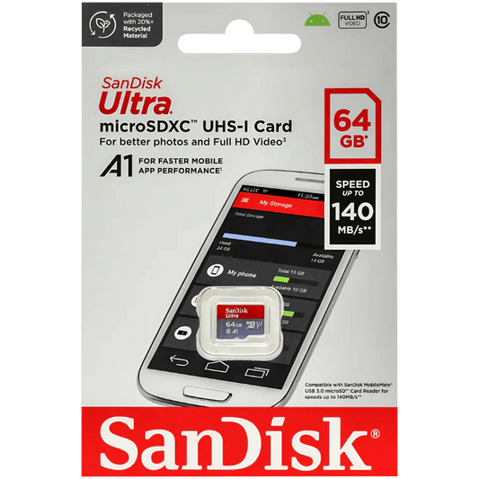 SanDisk Ultra 64GB microSDXC UHS-I, 140MB/s R, Memory Card, 10 Y Warranty, for Smartphones