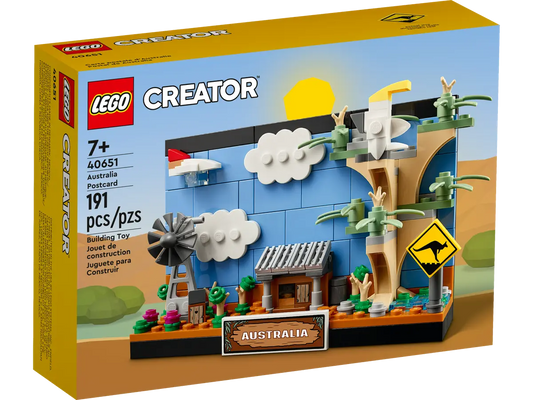 LEGO 40651 Australia Postcard featuring the Outback, Sydney skyline, and iconic Australian scenery in a displayable build