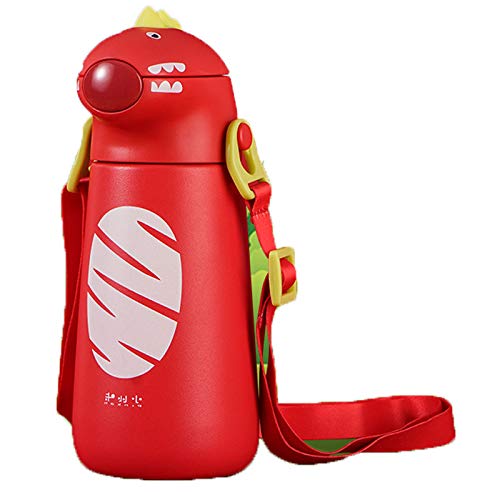 Kids Dino Water Bottle with One-Touch Flip Lid and Straw, Stainless Steel Bottle 400 ML (Red)