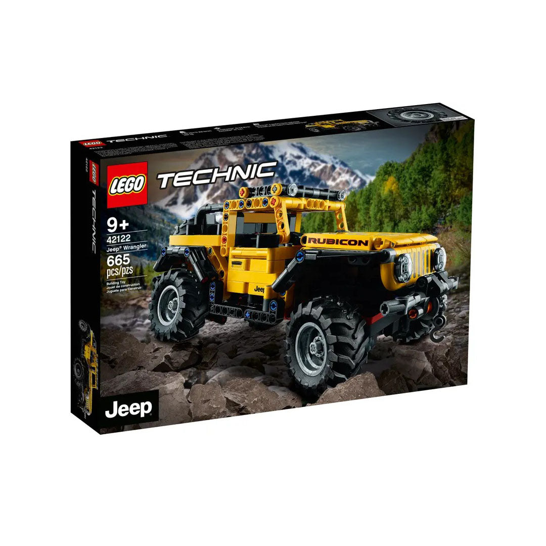 LEGO Technic Jeep Wrangler 42122 showcasing front steering, axle-articulation suspension, and a working winch, designed for builders aged 9+