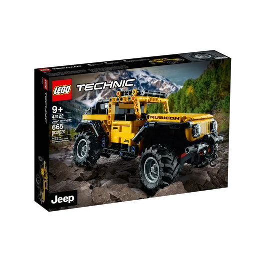 LEGO Technic Jeep Wrangler 42122 showcasing front steering, axle-articulation suspension, and a working winch, designed for builders aged 9+
