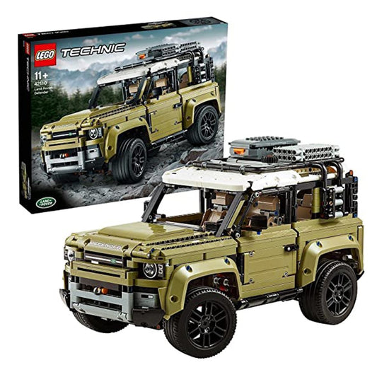 LEGO 42110 Technic Land Rover Defender set with 2573 pieces, featuring an off-road 4x4 vehicle with realistic details and advanced building features.