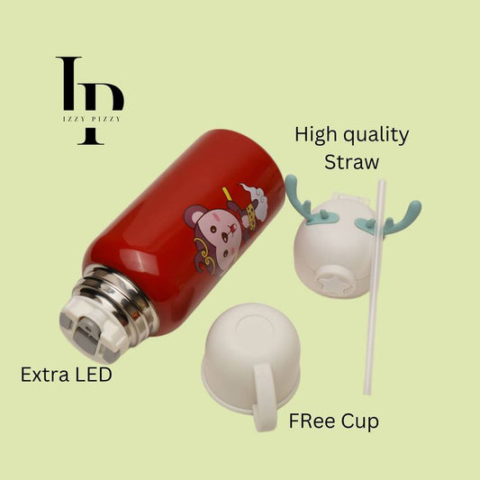 Deer Stainless Steel Water Bottle For Kids with carry bag, additional cup and sipper 500 ML (Red)
