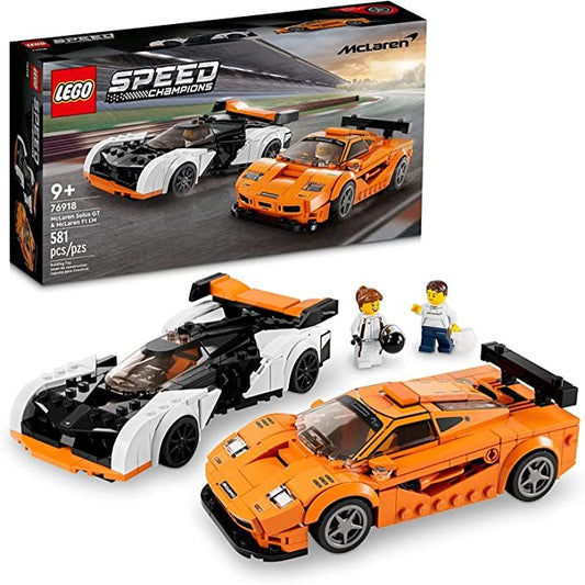 LEGO 76918 McLaren Solus GT & McLaren F1 LM set with 581 pieces, featuring two detailed hypercar models and driver minifigures.
