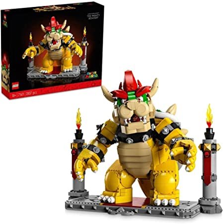 LEGO Super Mario The Mighty Bowser 71411 set with 2,807 pieces, featuring a detailed, posable Bowser figure with interactive elements.