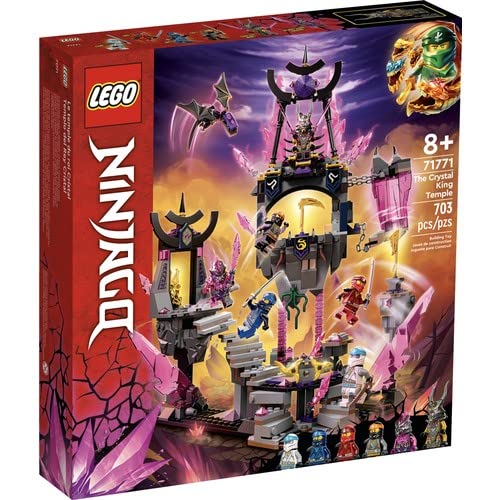 LEGO NINJAGO The Crystal King Temple 71771 set with 703 pieces, featuring detailed temple structure, ninja minifigures, and action elements.