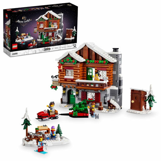 LEGO Icons 10325 Alpine Lodge set showcasing a snow-covered 3-story lodge with glowing fireplaces, outdoor skating area, snowmobile, and 5 minifigures.​
