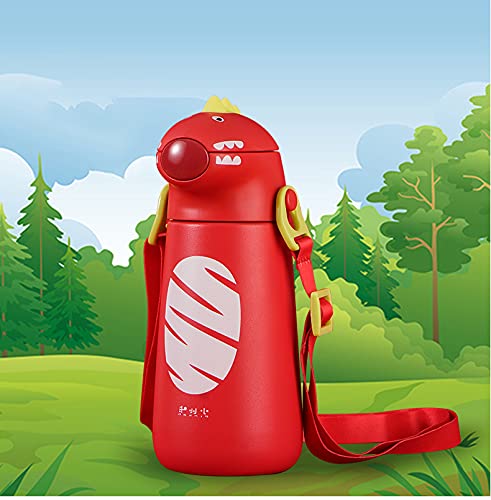 Kids Dino Water Bottle with One-Touch Flip Lid and Straw, Stainless Steel Bottle 400 ML (Red)