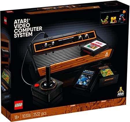 LEGO Icons 10306 Atari 2600 set featuring a detailed replica of the console, joystick, three game cartridges, and mini-builds of classic Atari games.​