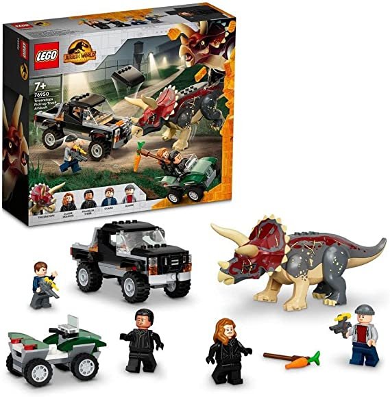 LEGO 76950 Triceratops Pickup Truck Ambush set with 210 pieces, including a posable Triceratops, buildable vehicles, and four minifigures.
