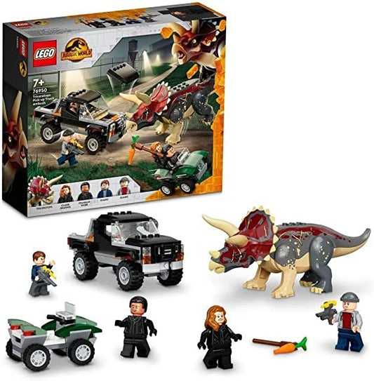 LEGO 76950 Triceratops Pickup Truck Ambush set with 210 pieces, including a posable Triceratops, buildable vehicles, and four minifigures.