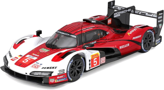 Bburago 1:24 scale die-cast Porsche LMH 963 2023 red racing car model with 4.6L Turbo V8 engine.

