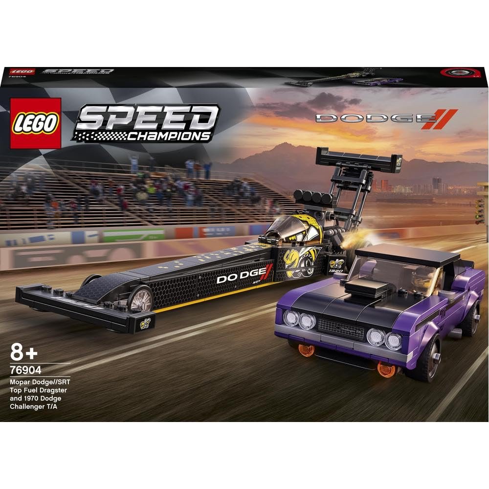 LEGO 76904 Speed Champions Mopar Dodge SRT Top Fuel Dragster&amp;1970 Dodge Challenger T/A,Multicolor, 627 Pcs\