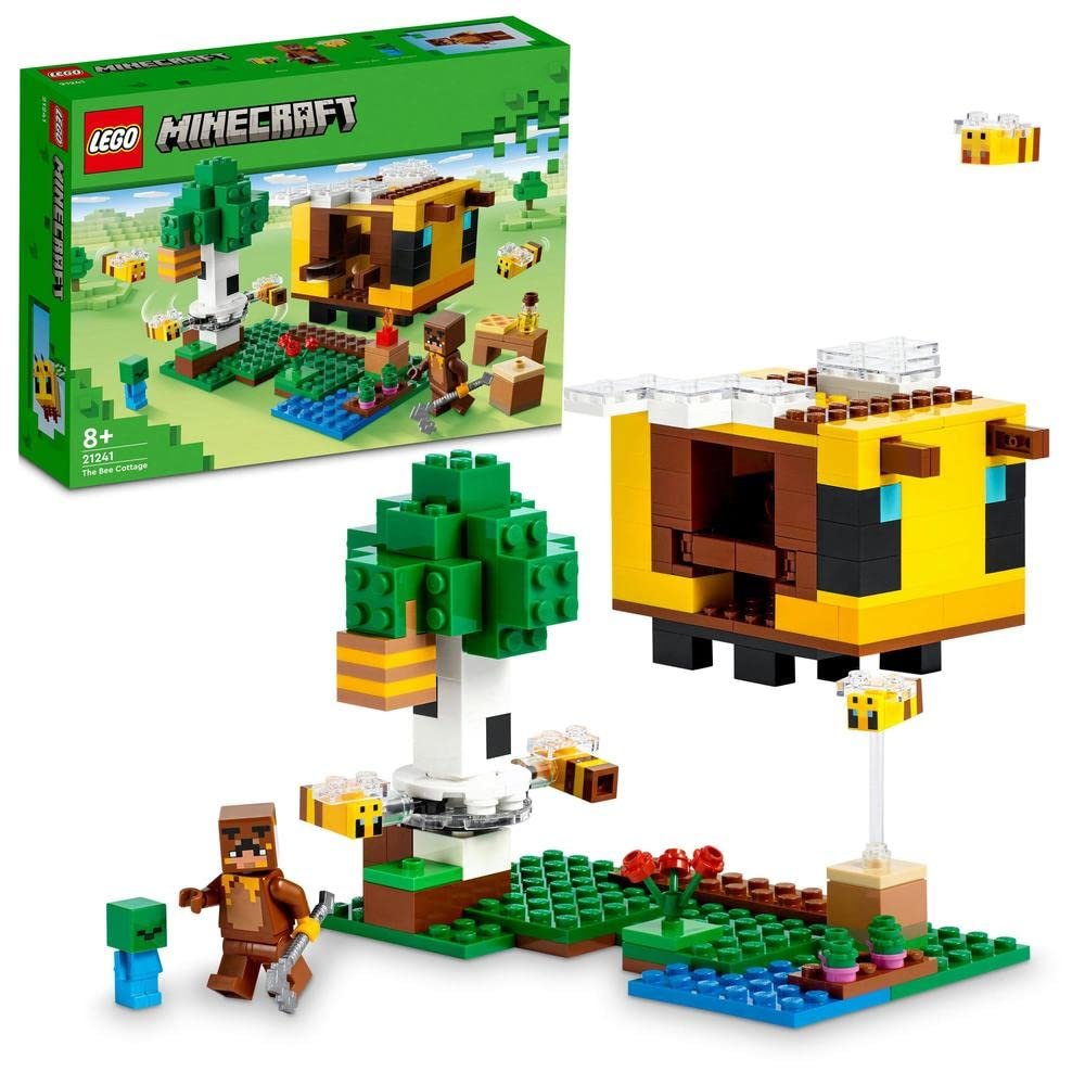  LEGO Minecraft The Bee Cottage 21241 set with 254 pieces, featuring a bee-shaped house, removable roof, beehive, farm, and minifigures of Honey Bear, baby zombie, and bees.