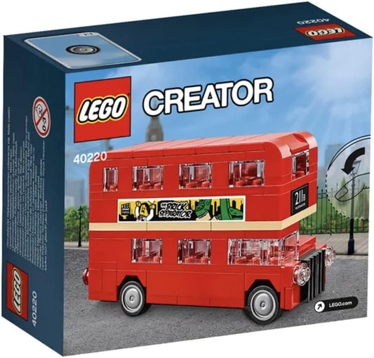 LEGO Creator London Bus Set 40220, a 118-piece miniature double-decker bus model featuring turning wheels, transparent windows, and customizable stickers, designed for builders aged 7 and up.