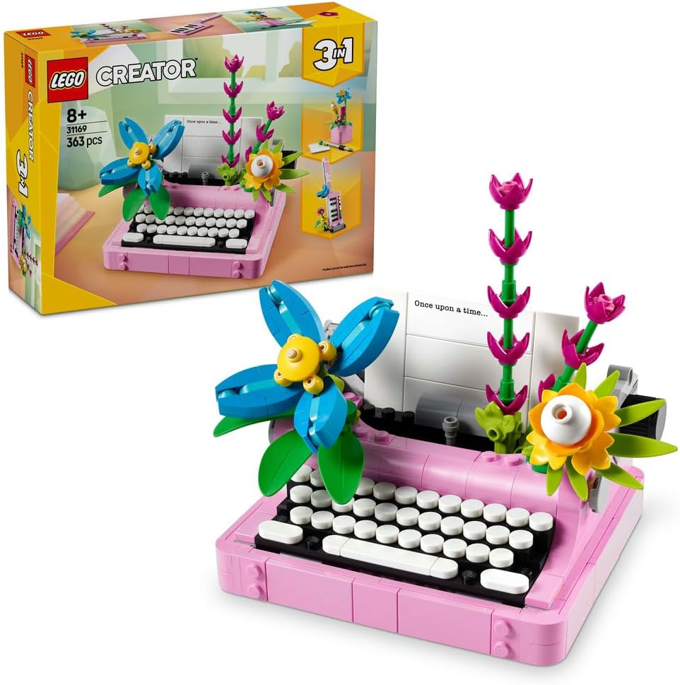 LEGO Creator 3in1 Typewriter with Flowers 31169 set featuring a typewriter, keytar, and flowerpot models, each adorned with colorful flowers, designed for builders aged 8+