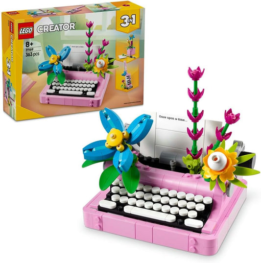 LEGO Creator 3in1 Typewriter with Flowers 31169 set featuring a typewriter, keytar, and flowerpot models, each adorned with colorful flowers, designed for builders aged 8+