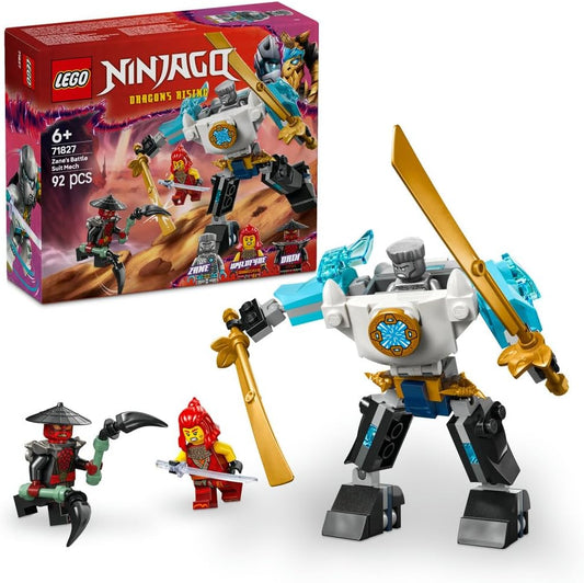 LEGO NINJAGO Zane's Battle Suit Mech 71827 featuring a posable mech with articulated limbs, rotating upper body, opening chest for minifigure placement, and two sword accessories, accompanied by minifigures of Zane, Wyldfyre, and Drix, designed for builders aged 6+