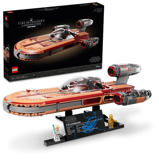 LEGO 75341 Luke Skywalker’s Landspeeder Star Wars set with detailed vehicle model and minifigures on display.
