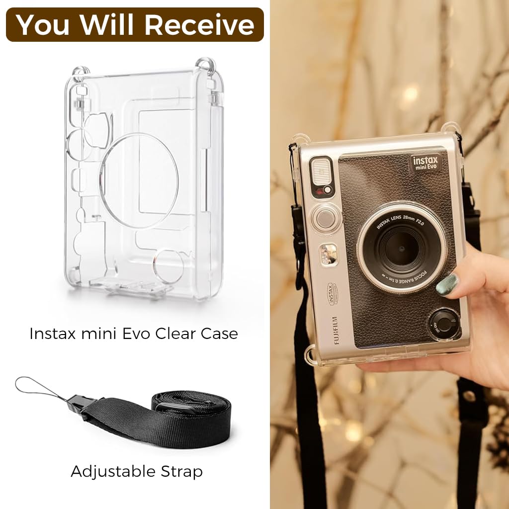 Crystal Clear Protective Case for Fujifilm Instax Mini Evo – Sleek Transparent PC Shell with Attachable Loop