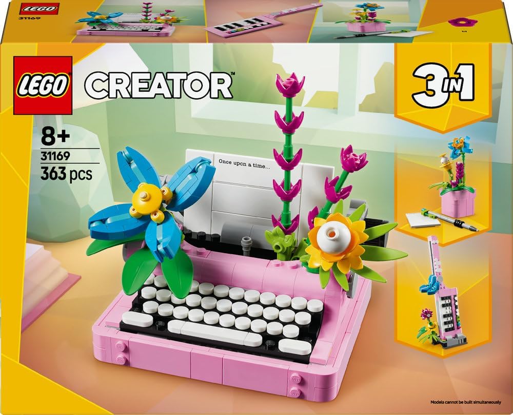LEGO Creator 3in1 Typewriter with Flowers Toy - Transforms into a Keytar Model or a Flowerpot with Pen & Notebook - Building Set for 8+ Year Old Girls & Boys - Creative Birthday Gift - 31169
