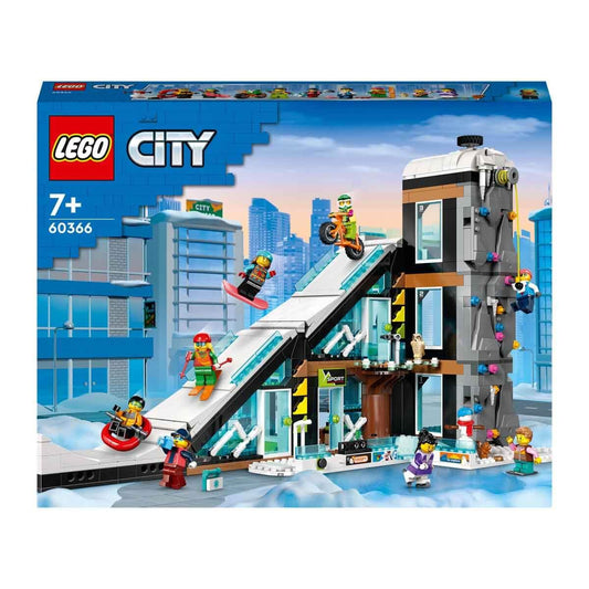 LEGO City Ski and Climbing Center 60366 set showcasing a 3-level building with ski slope, climbing wall, café, and multiple minifigures engaged in winter activities.​
