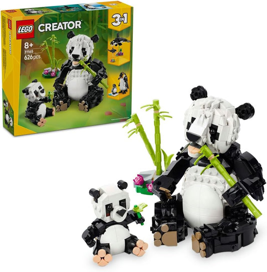 LEGO Creator 3in1 Wild Animals Panda Family 31165 featuring panda, penguin, and orca models, each with a baby figure, designed for builders aged 8+