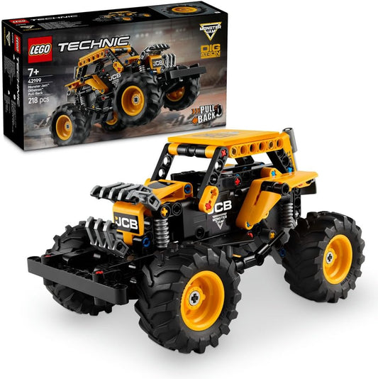 LEGO Technic Monster Jam DIGatron Pull-Back Truck 42199 featuring shovel, grabber, and realistic tires, designed for builders aged 7+

