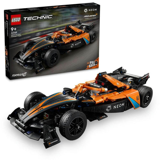 LEGO 42169 Technic NEOM McLaren Formula E Race Car set showcasing a detailed McLaren race car model with pull-back action, steering function, and authentic design elements.​