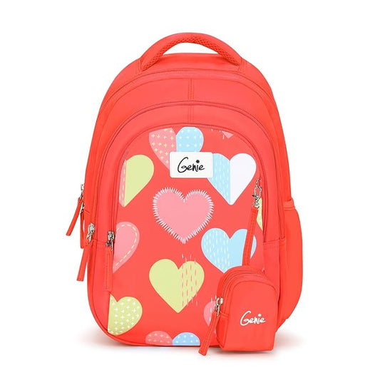 Genie Maisy Kids Backpacks, 15 inches, Cute, Colourful bags for girls, Water Resistant and Lightweight. 3 compartment with Happy Pouch