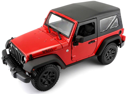 Maisto 1:18 scale diecast Jeep Wrangler Willys Hard Top 2014 model in red.

