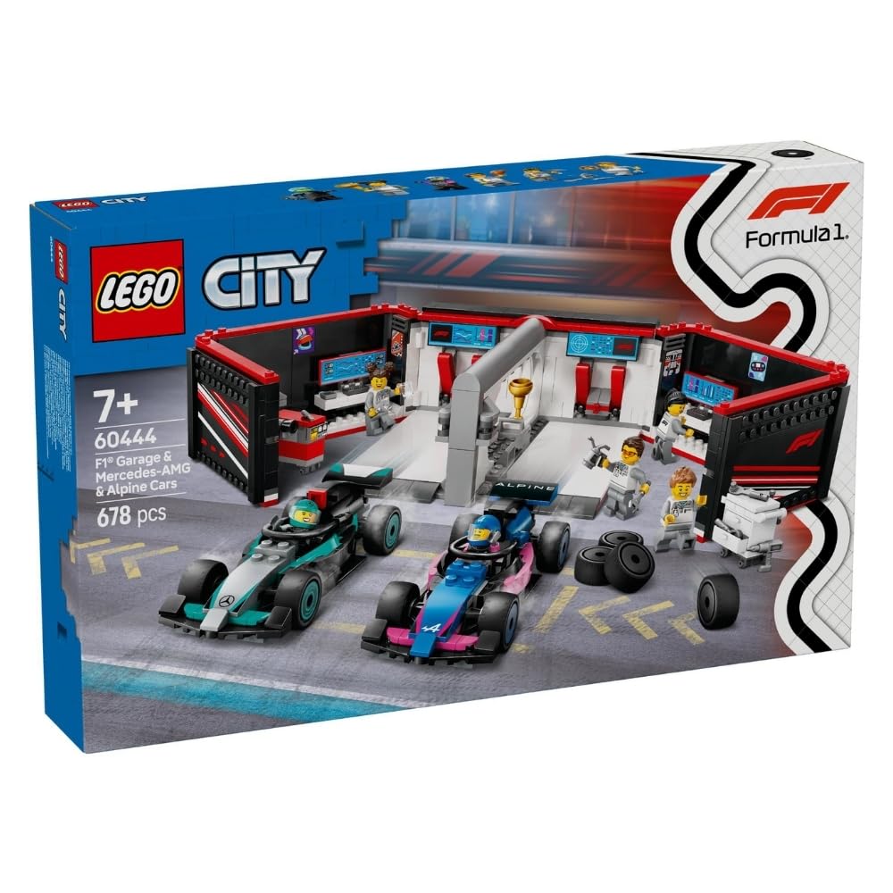 LEGO City F1 Garage set 60444 featuring a detailed garage, Mercedes-AMG & Alpine race cars, and minifigures, perfect for young racing enthusiasts
