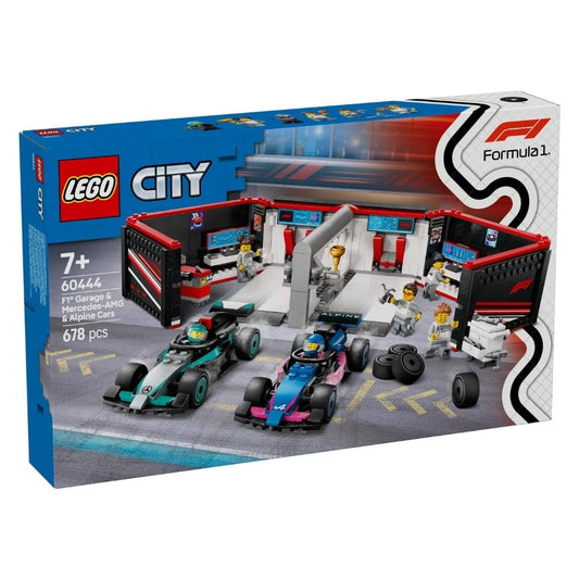 LEGO City F1 Garage set 60444 featuring a detailed garage, Mercedes-AMG & Alpine race cars, and minifigures, perfect for young racing enthusiasts
