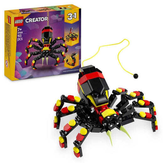 LEGO Creator 3in1 Wild Animals Surprising Spider 31159 set with 153 pieces, showcasing a posable spider, scorpion, and snake models for imaginative play
