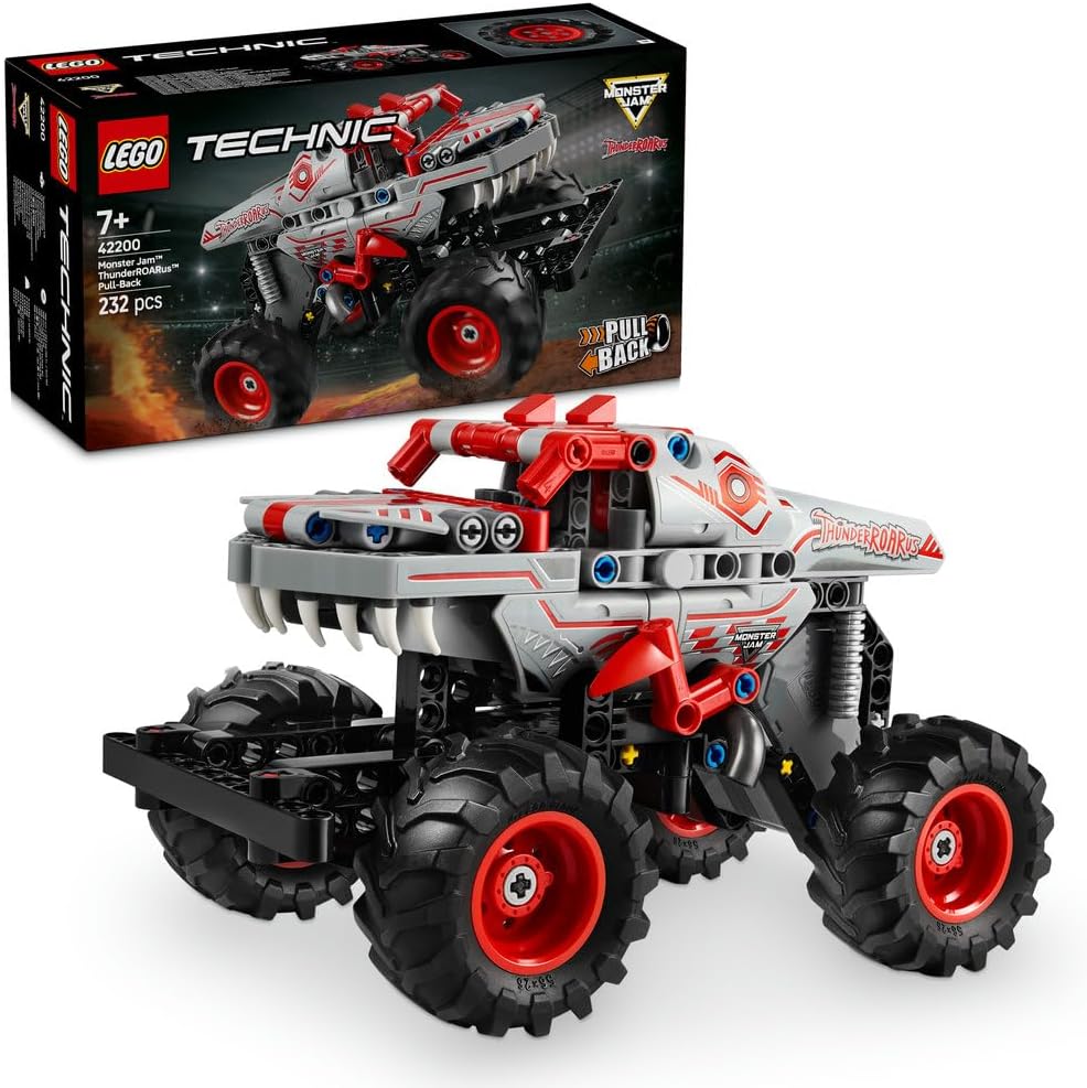 LEGO Technic Monster Jam ThunderROARus 42200 showcasing a dinosaur-themed pull-back truck with spikes, scales, and teeth, designed for builders aged 7+