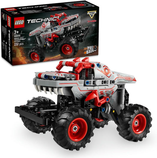 LEGO Technic Monster Jam ThunderROARus 42200 showcasing a dinosaur-themed pull-back truck with spikes, scales, and teeth, designed for builders aged 7+