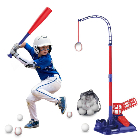 3-in-1 Kids Baseball Set – Tee Stand, Hanging Tee & Ball Launcher with 6 Balls | Adjustable Height Outdoor Game (Ages 3–12)