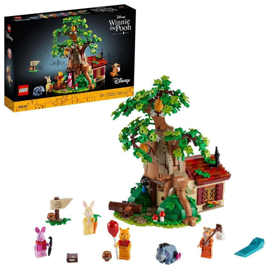 LEGO Ideas Disney Winnie The Pooh 21326 building kit with 1,265 pieces, featuring Pooh, Tigger, and other characters from the Hundred Acre Wood.