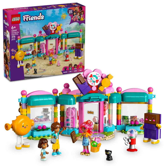 LEGO Friends Heartlake City Candy Store 42649 with candy accessories, minidolls Gigi, Leo, Alba, and a cat figure, designed for imaginative play for children aged 6+