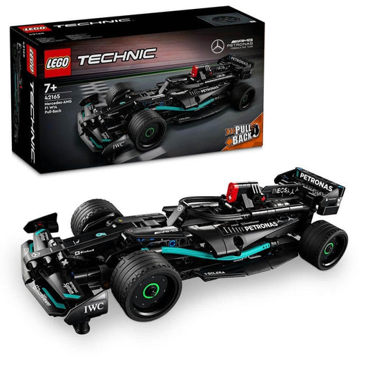 LEGO 42165 Technic Mercedes-AMG F1 W14 E Performance Pull-Back set showcasing a detailed black and teal F1 race car with pull-back motor, stickers, and authentic design elements.​