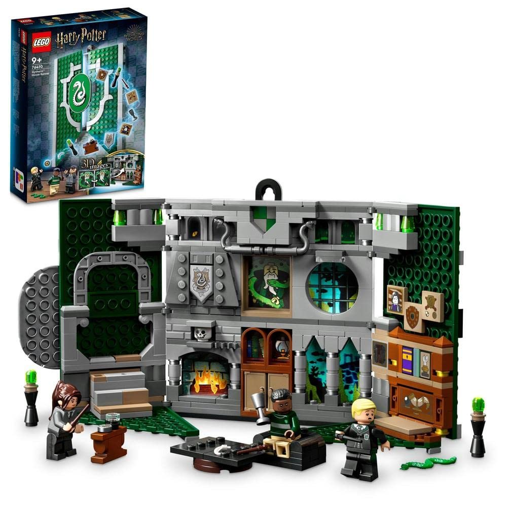 LEGO 76410 Slytherin House Banner set with 349 pieces, featuring a buildable banner that opens to reveal the Slytherin common room and 3 minifigures.