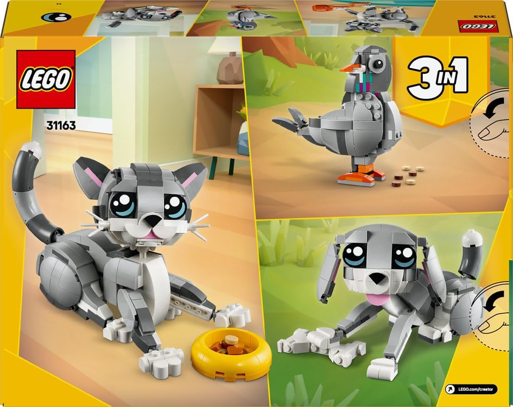 LEGO Creator 3in1 Playful Cat Toy - Transforms into a Pigeon or Pet Dog Figure - Animals Building Set for Kids, 8+ Year Old Girls & Boys - Creative Birthday Gift Idea - 31163