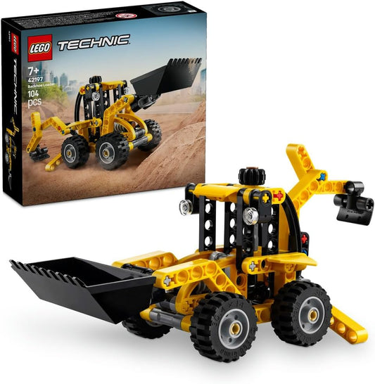 LEGO Technic Backhoe Loader 42197 with functional scoop, rear digger, and outriggers, designed for builders aged 7+