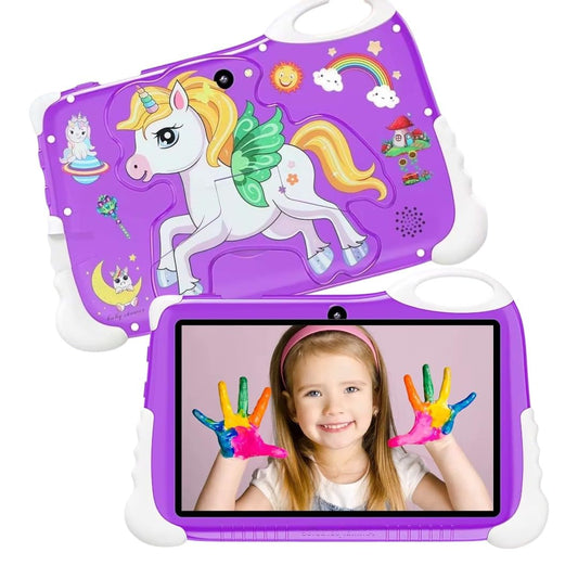 Kids Learning Tablet – 7" HD, 128GB, Dual Cameras, 4G/WiFi, Parental Lock, Fall-Proof Cover (Unicorn - Purple)